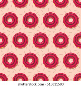 Donut seamless pattern. Sweet sugar icing donuts in the red glaze on pink creamy background. Food bakery decoration. Vector eps8 illustration.