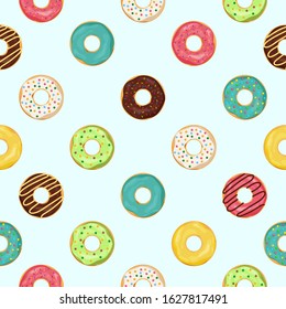 Donut seamless pattern. Sweet summer seamless with cupcake and glazing. Cute donuts for kids. Food dessert or snack for print backdrop. Chocolate cake pattern on texture wallpaper. vector illustration