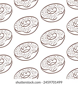 Donut patrón sin costuras con glaseado turquesa y espolvorea en estilo de arte de línea. Diseño simple dibujado a mano para la entrega, panadería y café. Ilustración vectorial sobre fondo blanco.