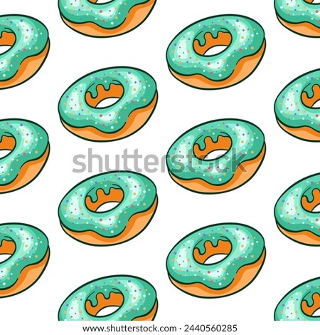 Donut seamless pattern with turquoise frosting and sprinkles in cartoon style. Simple wallpaper line design for food apps, bakery and cafe. Vector illustration on a white background.