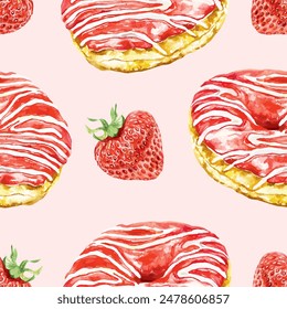 Donut seamless pattern watercolor. Pink cake, strawberry. Vector illustration. For cafe menu, cards, invitations, covers, wrapping paper, textiles.