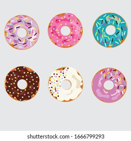 donut set with colored glaze on light gray background. donut set isolates with colored sprinkles. Dessert, sweet, web design or print. Vector Illustration.