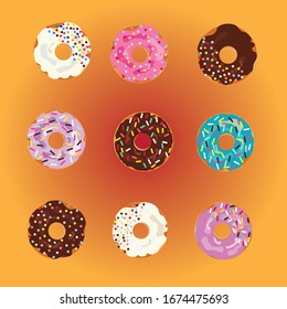 conjunto de donut con vidrios de colores sobre fondo naranja. el conjunto Donut se aísla con espolvorines multicolores. postre, dulce, diseño web o impresión. Ilustración vectorial.