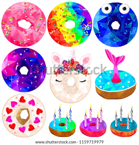 Donut set colorful low poly designs isolated on white background. Vector illustration of sweet dessert snack in modern style. Donut collection.