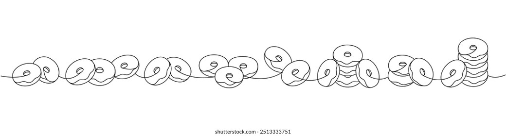 Donut set. Delicious donuts one line continuous drawing. Bakery sweet pastry food. Vector linear illustration.