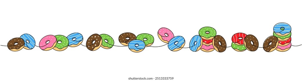 Donut set. Delicious donuts one line colored continuous drawing. Bakery sweet pastry food. Vector linear illustration.