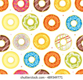 Donut Set Different Sweet Dessert. Flat Design Style pattern with icons. Vector illustration of donuts background. Deserts food in flat style. Sweet donuts with frosting, chocolate, caramel topping.