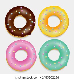 Donut set. Hand drawn bakery collection design.  Sweet dessert, pastry, donuts for menu design. Advertising, poster, banner of cafe, bakery vector Illustration. Glazed doughnut. 