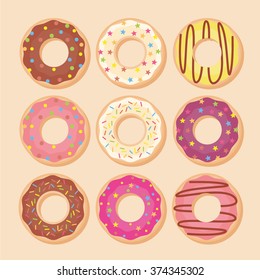 Donut set icon. Vector illustration in a flat style. Mega collection of sweet donuts isolated