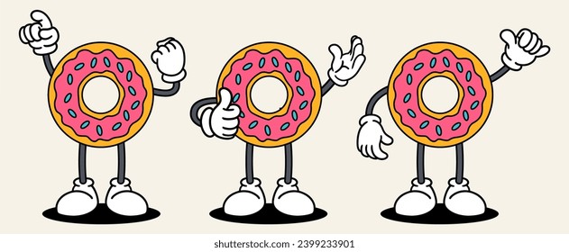 Donut set mascot of 70s groovy. Collection of cartoon,retro, groovy characters. Vector illustration.