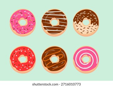 Donut set on background. Donut collection. Sweet sugar icing donuts. break time with donuts top view.