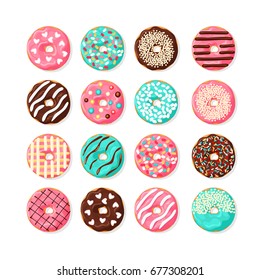 Donut set. Pink, chocolate and blue mint doughnut with different topping on white background