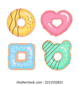 Donut set, shape heart, square, donut with ears . Doughnuts in colorful glaze, kids sweets, pastry for menu design, cafe decoration and delivery box. Vector illustration isolated on white background.