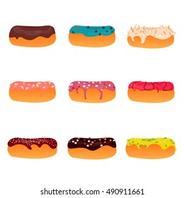 Donut set with sprinkles isolated on white background. Vector illustration