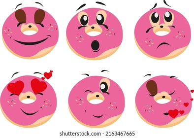 Donut shaped emoticons with funny face with different emotions. Various colorful characters. Vector illustration.