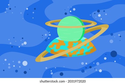 Donut shaped planet has a green sun in the center with two golden rings orbiting in space background, space vector background flat illustration design.