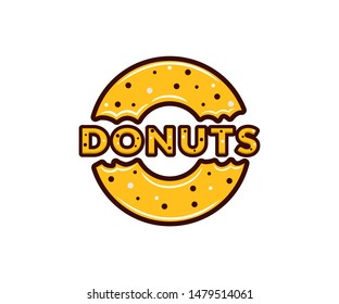 Donut shop logo. Cafe or bakery symbol. Donuts are bitten with letters and small candies. Brand identity.