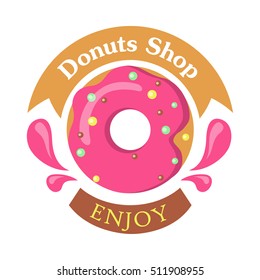 Donut shop logo icon enjoy. Tasty glazing. Sweet donut design flat food. Doughnut, donut isolated, cookies, cake bakery, dessert menu, snack pastry. Donuts glazed. Fried Cake. Ring doughnut. Vector