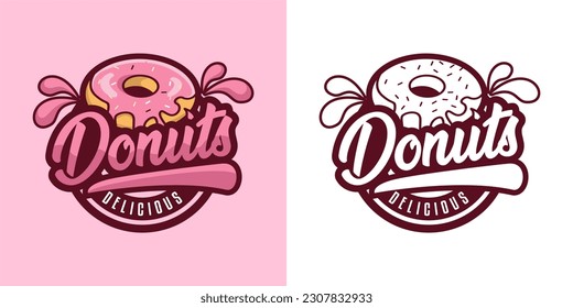 donut shop logo vector illustration emblem, strawberry pink donut lettering logo badge suitable for business logo, banner, sign, vintage  style