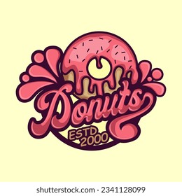 donut shop logo vector illustration emblem, strawberry pink donut lettering logo badge suitable for business logo, banner, sign, vintage style