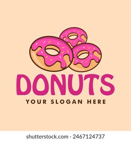 donut shop logo vector illustration emblem, strawberry pink donut lettering logo badge suitable for business logo, banner, sign, vintage style