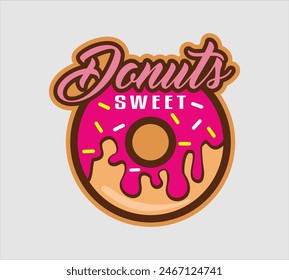 donut shop logo vector illustration emblem, strawberry pink donut lettering logo badge suitable for business logo, banner, sign, vintage style