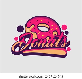 donut shop logo vector illustration emblem, strawberry pink donut lettering logo badge suitable for business logo, banner, sign, vintage style