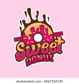 donut shop logo vector illustration emblem, strawberry pink donut lettering logo badge suitable for business logo, banner, sign, vintage style