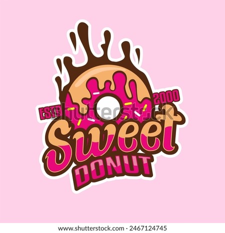 donut shop logo vector illustration emblem, strawberry pink donut lettering logo badge suitable for business logo, banner, sign, vintage style