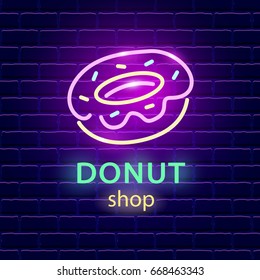 Donut shop neon logo sign on dark brick wall background. Light banner signboard. Electric label emblem. Vector design element