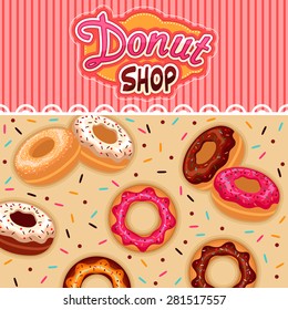 Donut shop poster with delicious donuts and colorful sprinkles background