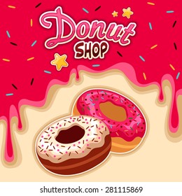 Donut shop poster with melting strawberry sauce and colorful sprinkles background