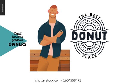 Donut Shop -small Business Owners Graphics -owner. Modern Flat Vector Concept Illustrations - Young Man, Standing At The Wooden Counter Crossing His Hands. Shop Logo