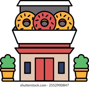 Ein Donut-Shop mit drei Donuts auf einer Box. Der Laden befindet sich vor einem Gebäude mit roter Tür