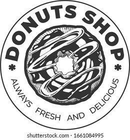 Donut shop vintage round label design. Always fresh and delicious font lettering around huge glazed doughnut. Logo for bakery house, sweet market, confectionary store