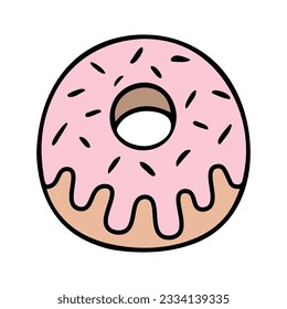 Donut. Side view. The fried delicacy is covered with pink icing and sprinkled with sprinkles. Color vector illustration. Lush dessert. Cartoon style. Isolated background. Idea for web design, menus