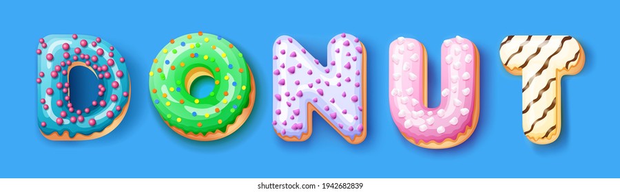 Donut sign icing upper latters of donuts. Bakery sweet alphabet. Donut alphabet latters isolated on blue background, vector illustration.