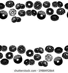 Donut silhouette horizontal border, round pastry decorative frame with various decor for design vector illustration