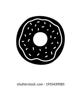 Donut silhouette icon. Black hand drawn illustration of dessert with icing and sprinkles. Contour isolated vector pictogram on white background