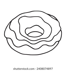 Donut simple outline pen drawing illustration. Hand drawn fast food sweet isolated pastry. Cartoonish delicious doughnut bakery product ready for eat. Popular snack single glazed silhouette detail.