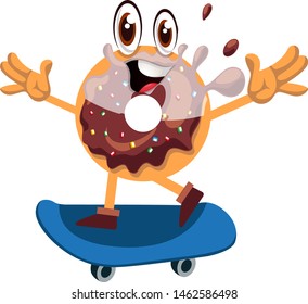 Donut with skateboard, illustration, vector on white background.