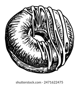 Donut with sketch glaze. Sweet dessert. Biscuit baking. Tasty food. Hand drawn vector line illustration.