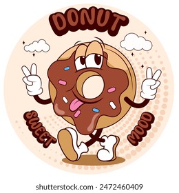  donut with a smile, a funny donut, cute cartoon in style retro groovy donut, rubber hose style vector illustration