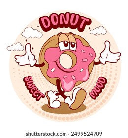 donut with a smile, a funny donut, cute cartoon in style retro groovy donut, rubber hose style vector illustration	