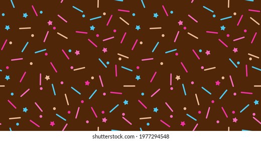 Donut sprinkle rainbow vector seamless background. Confetti cake icing glaze. Ice cream Birthday party pattern. Kids dessert repeat bakery texture.