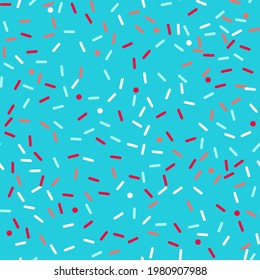 Vector arcoíris aspersor sin costura. Torta de confetti con glaseado. Patrón de fiesta de cumpleaños de helados. Los niños postres repiten textura de panadería.