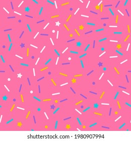 Donut sprinkle rainbow vector seamless background. Confetti cake icing glaze. Ice cream Birthday party pattern. Kids dessert repeat bakery texture.