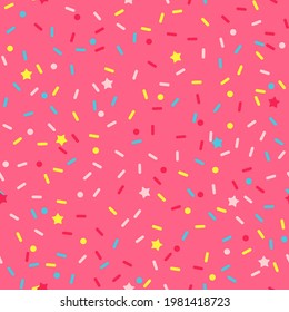 Donut sprinkle rainbow vector seamless background. Confetti cake icing glaze. Ice cream Birthday party pattern. Kids dessert repeat bakery texture.