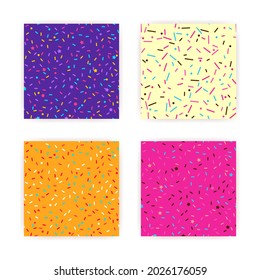 El conjunto de fondo fluido del vector del arco iris de rociado de Donut. Torta de confetti con glaseado. Patrón de fiesta de cumpleaños de helados. Los niños postres repiten textura de panadería.