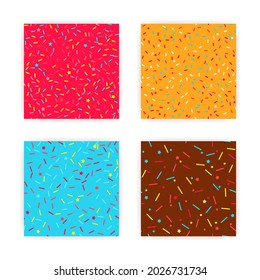 El conjunto de fondo fluido del vector del arco iris de rociado de Donut. Torta de confetti con glaseado. Patrón de fiesta de cumpleaños de helados. Los niños postres repiten textura de panadería.